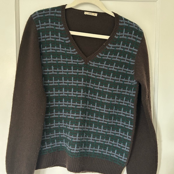 Prada Other - Prada Brown V-Neck Sweater with Teal and Light Blue Pattern